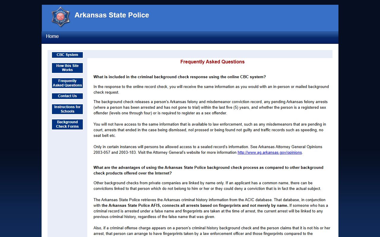 Arkansas CBC system FAQ page for authorized criminal background check requests