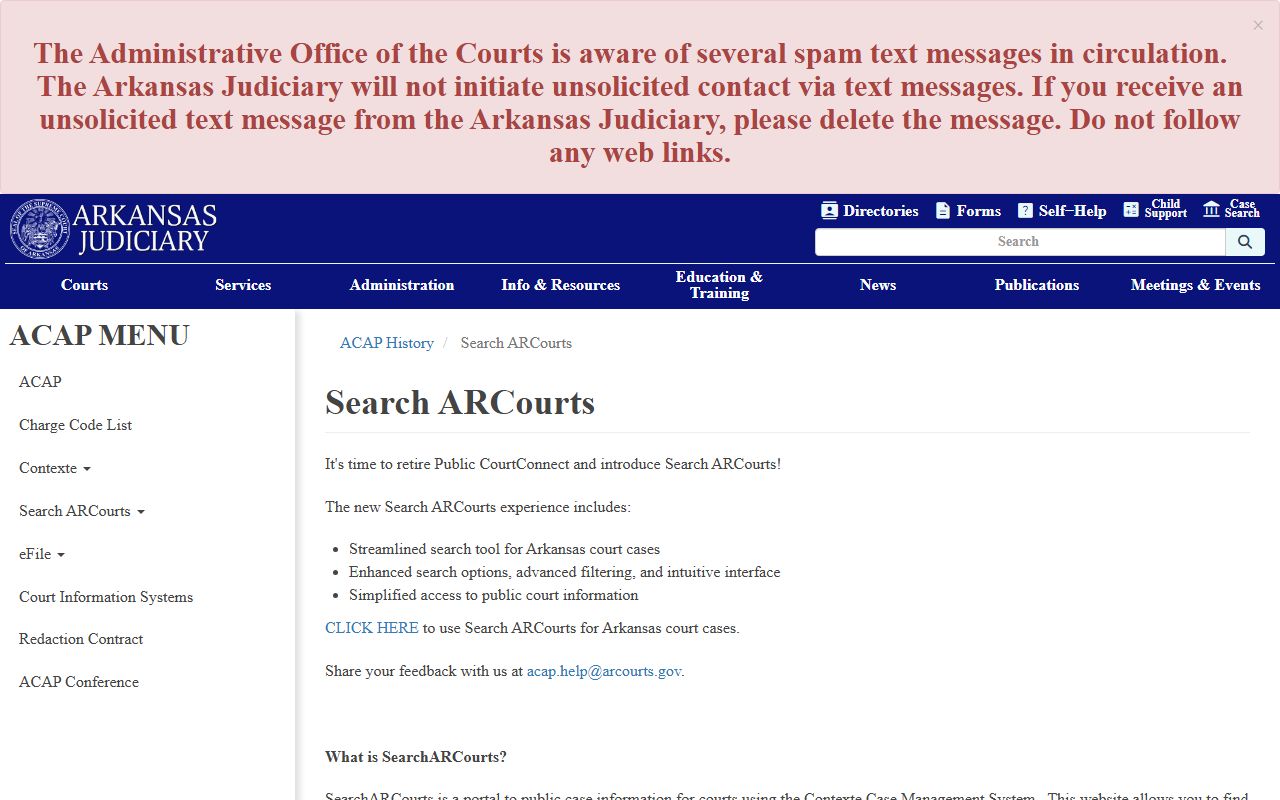 Arkansas CourtConnect information page for felony records public access